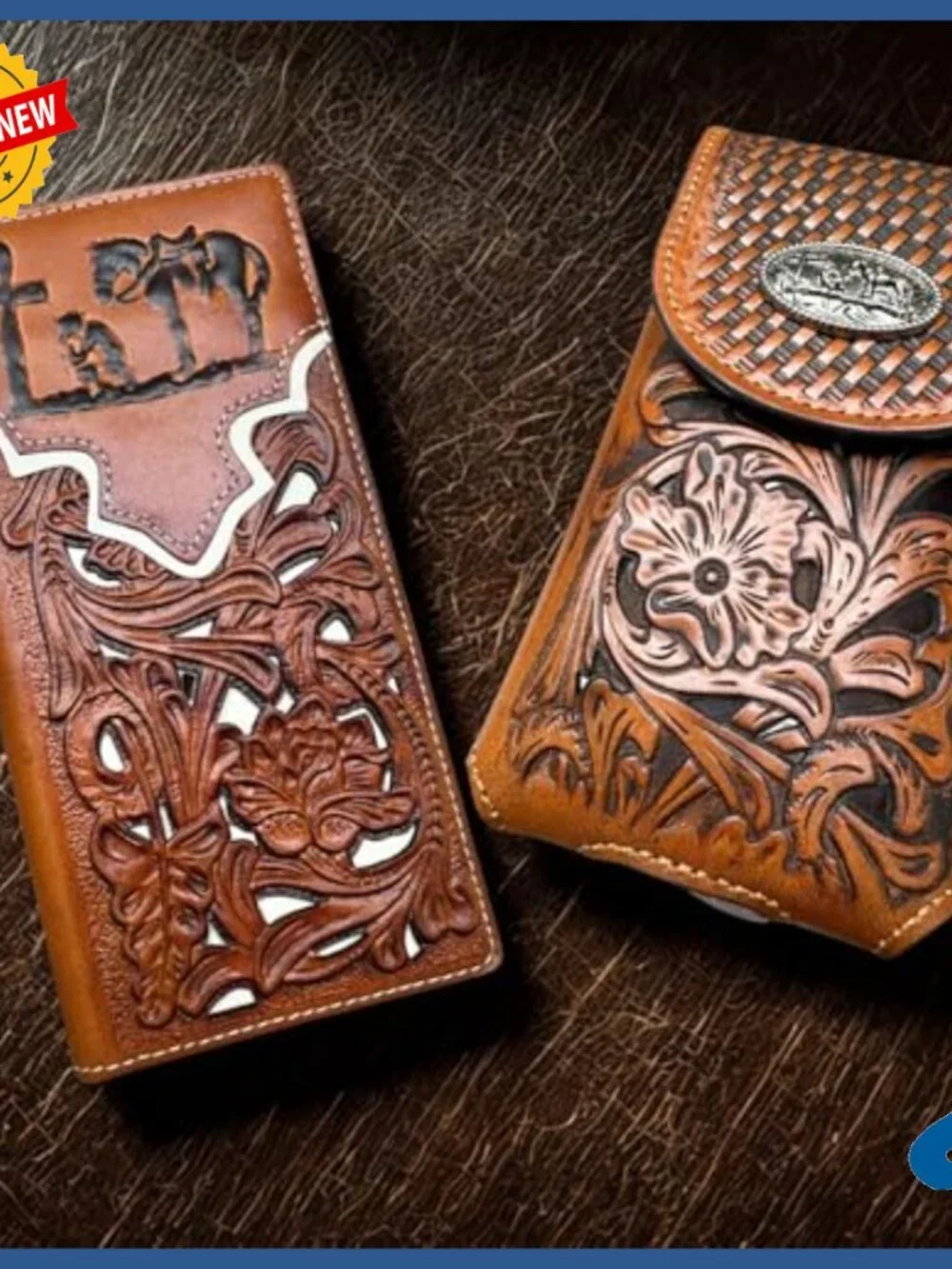 Genuine Leather Wallet and Phone Holster Set with Embossed Western Design
